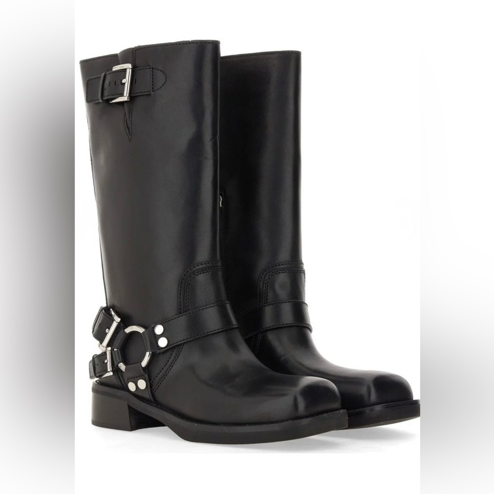 Michael Kors Black Leather Moto Boots with Silver Accents